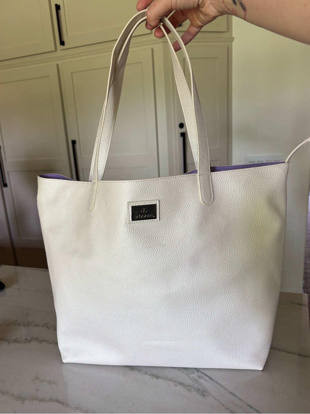 Arbonne White Pebbled Faux Leather Tote  Shoulder Hobo Lavender Euro Summer